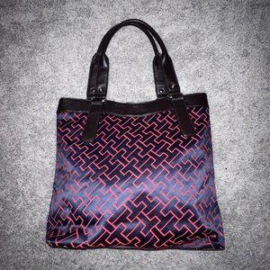 Tommy Hilfiger Logo Monogram Navy Blue Red TH Handbag Tote Purse Leather Handles